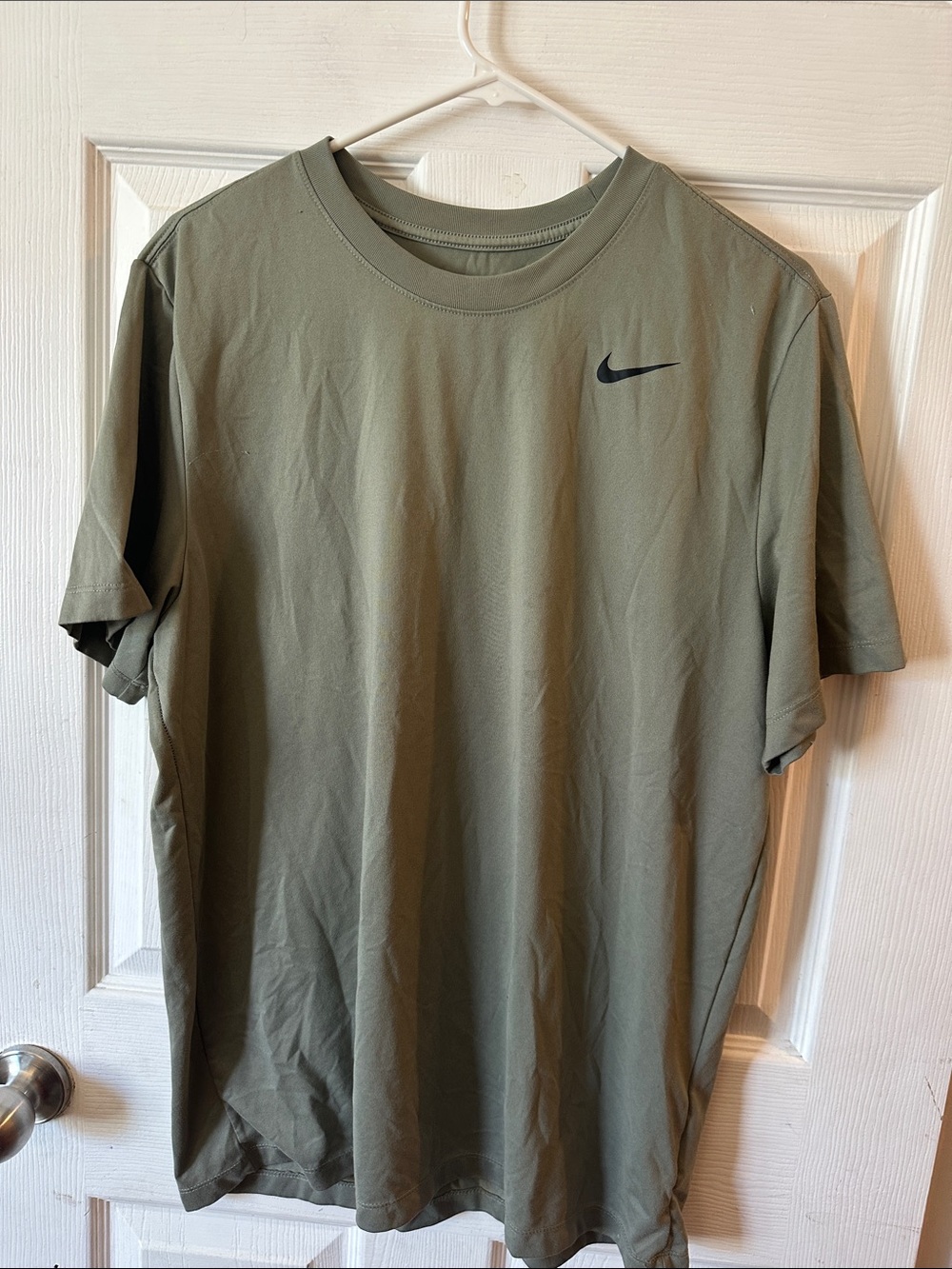 Nike Olive Green Short Sleeve Athletic Tee with Black Swoosh